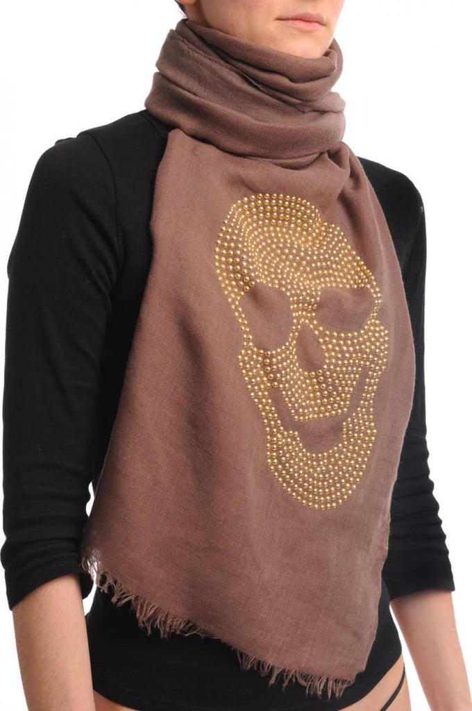 Liss Kiss Brown With Large Gold Studded Skull Unisex Scarf & Beach Sarong - Scarf