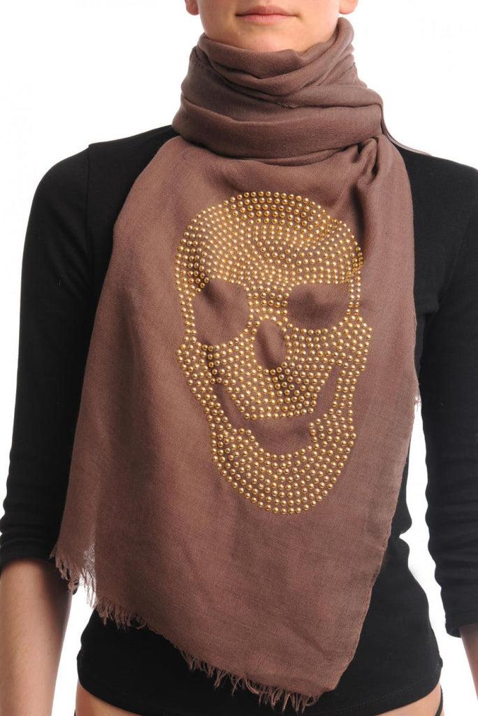 Liss Kiss Brown With Large Gold Studded Skull Unisex Scarf & Beach Sarong - Scarf