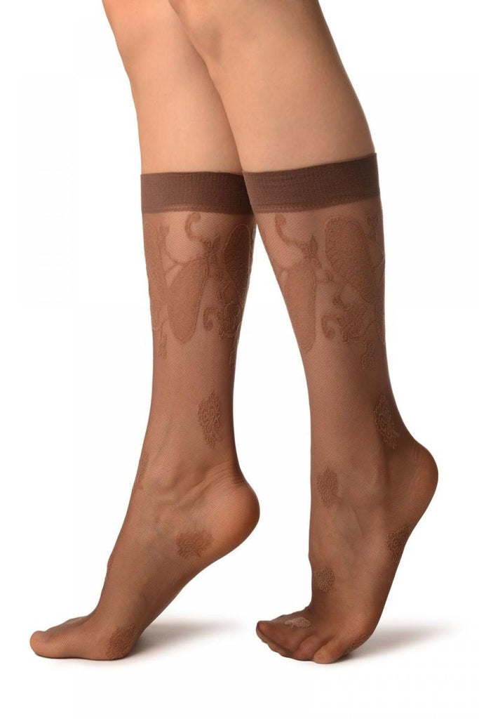 Liss Kiss Brown With Large Paisley & Clover Socks Knee High - Socks