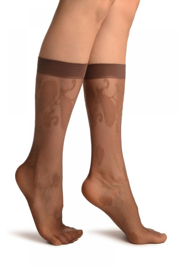 Liss Kiss Brown With Large Paisley & Clover Socks Knee High - Socks