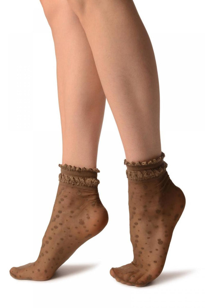 Liss Kiss Brown With Little Dots And Silky Comfort Top Ankle High Socks - Socks