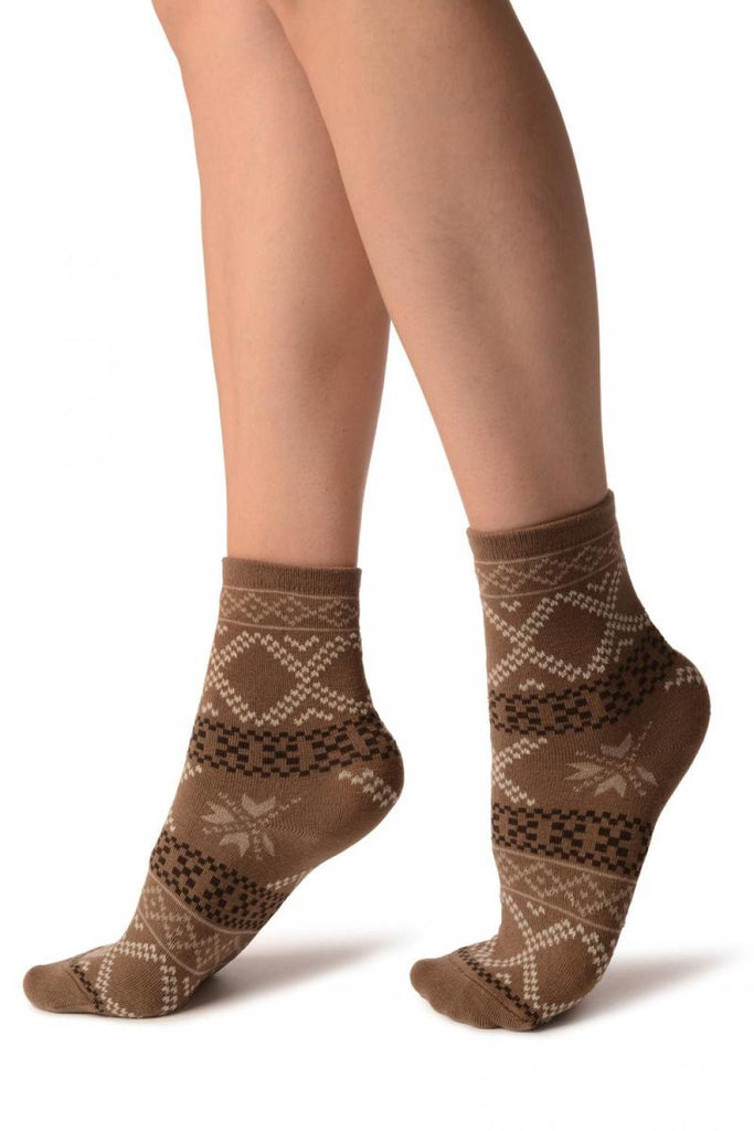 Liss Kiss Brown With Nordic Pattern Ankle High Socks - Socks