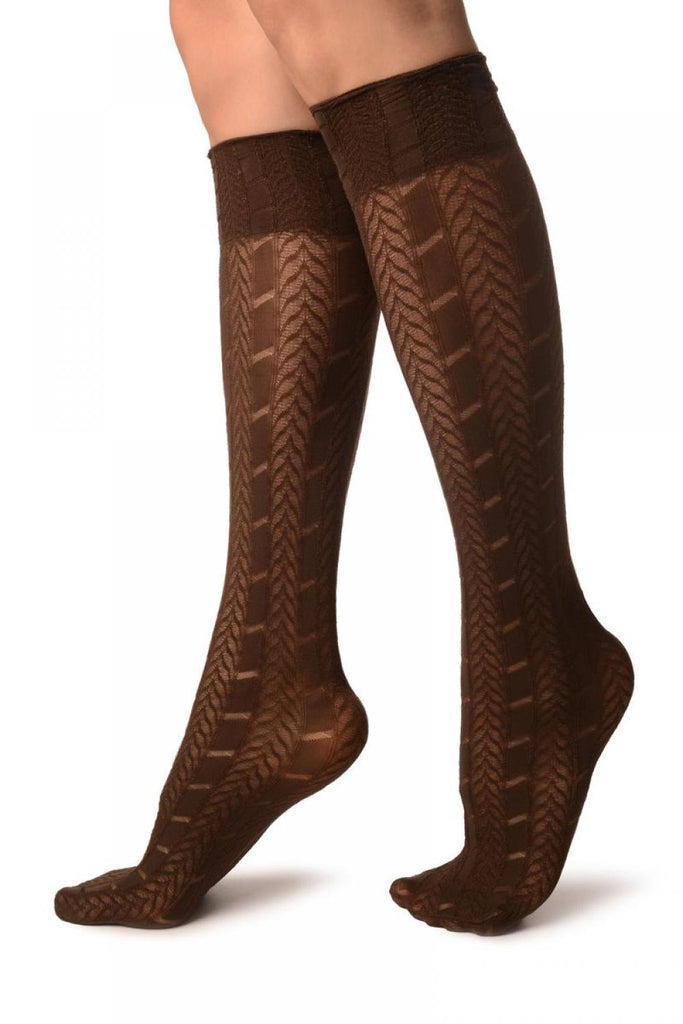 Liss Kiss Brown With Woven Chevrons Socks Knee High - Socks