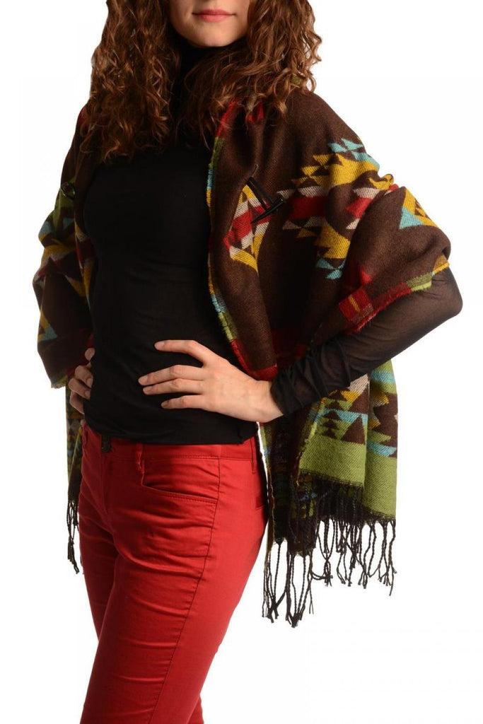 Liss Kiss Brown Woven Aztec With Hood Poncho - Poncho