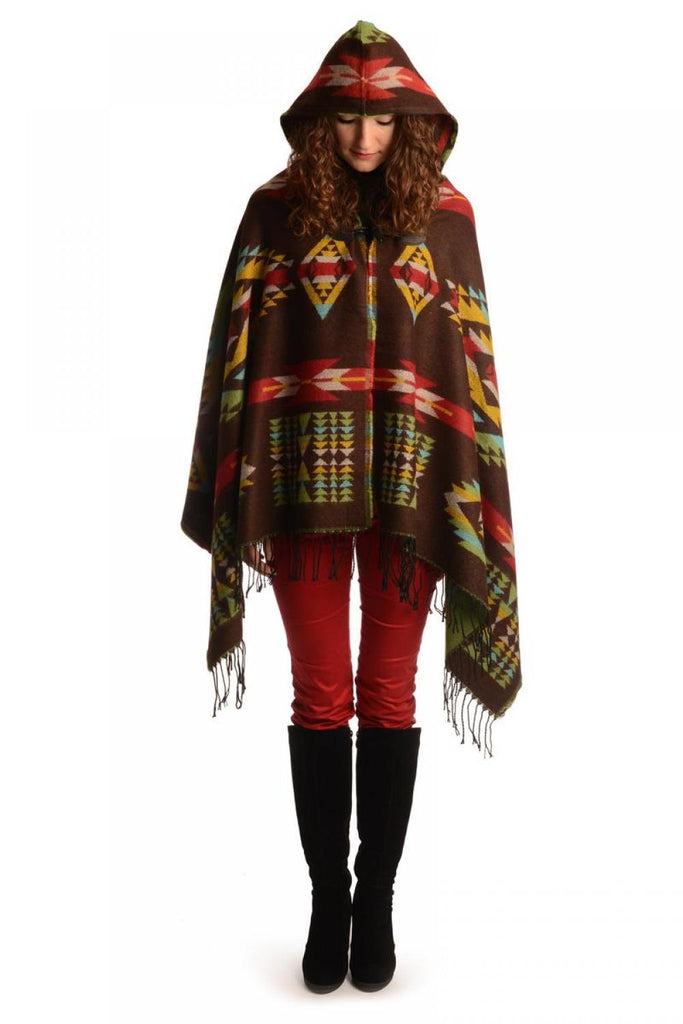Liss Kiss Brown Woven Aztec With Hood Poncho - Poncho