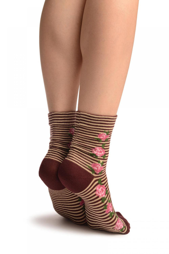 Liss Kiss Burgundy & Beige Stripes & Roses With Comfort Top Ankle High Socks - Socks