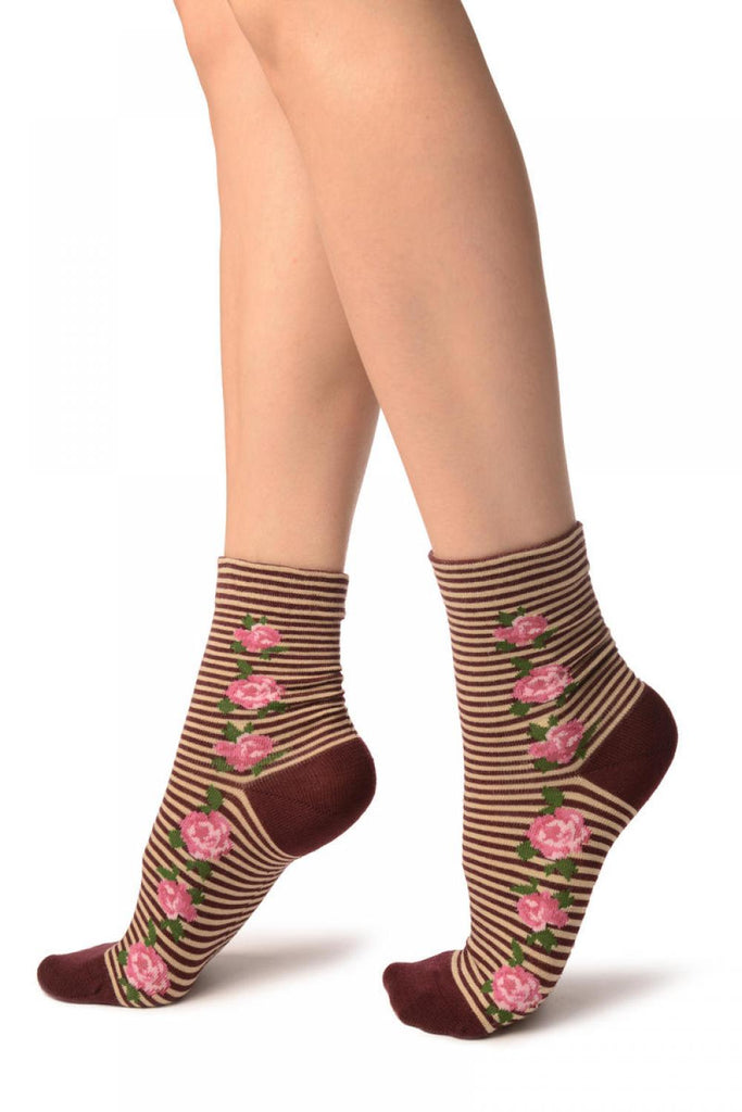 Liss Kiss Burgundy & Beige Stripes & Roses With Comfort Top Ankle High Socks - Socks