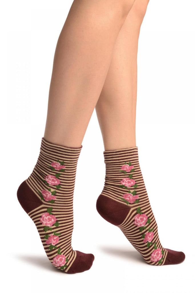 liss kiss Burgundy & Beige Stripes & Roses With Comfort Top Ankle High Socks - Socks