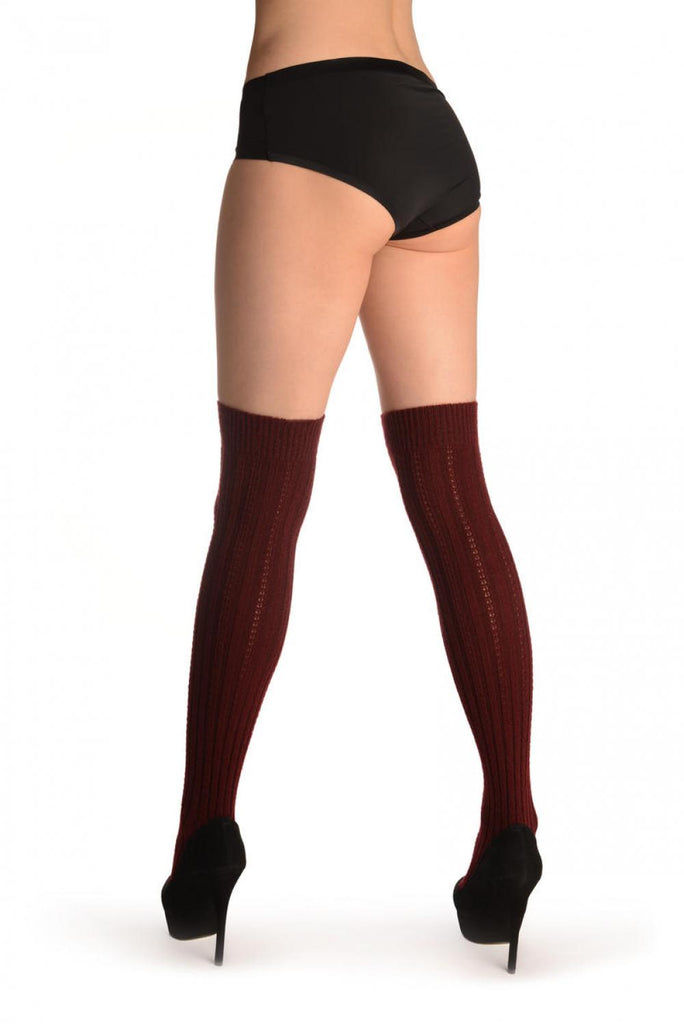 Liss Kiss Burgundy Cotton Plaits & Stripes With Elasticated Top - Hold Ups