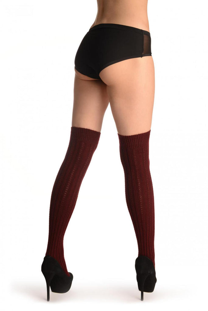 Liss Kiss Burgundy Cotton Plaits & Stripes With Elasticated Top - Hold Ups
