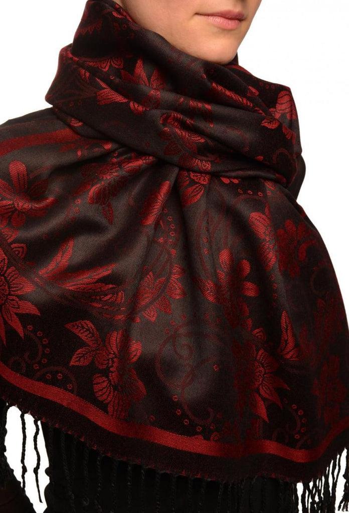 Liss Kiss Burgundy Garden Flowers On Black Pashmina With Tassels - Scarf