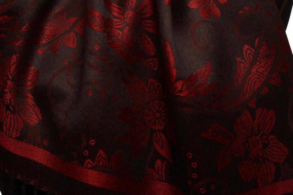 Liss Kiss Burgundy Garden Flowers On Black Pashmina With Tassels - Scarf