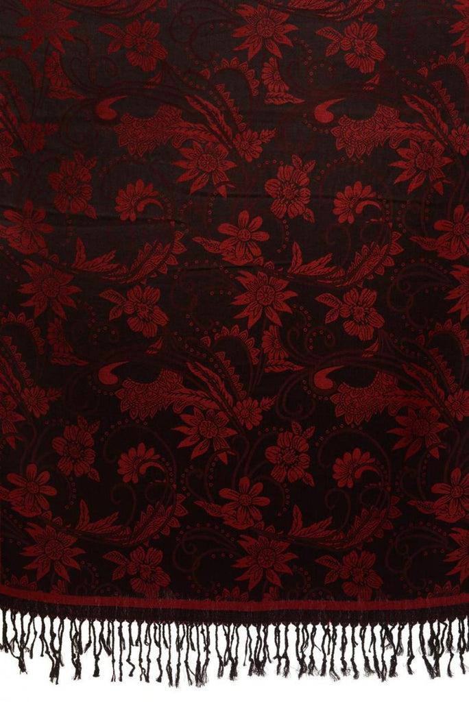 Liss Kiss Burgundy Garden Flowers On Black Pashmina With Tassels - Scarf