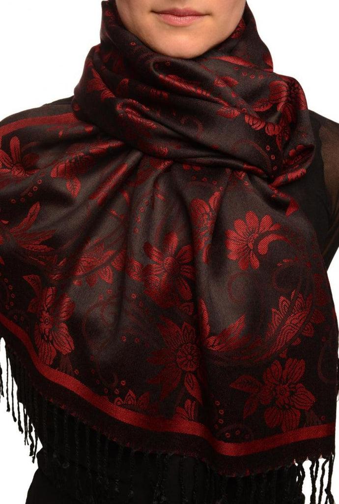 liss kiss Burgundy Garden Flowers On Black Pashmina With Tassels - Scarf