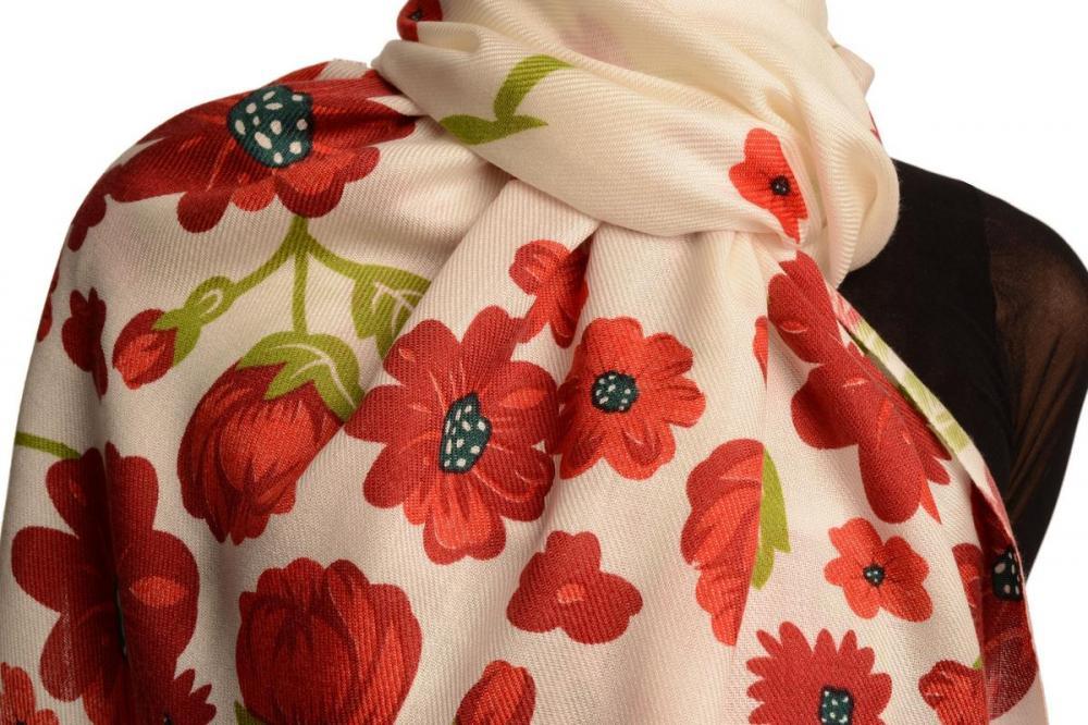Liss Kiss Burgundy Large Flowers On White Pashmina Feel With Tassels - Scarf