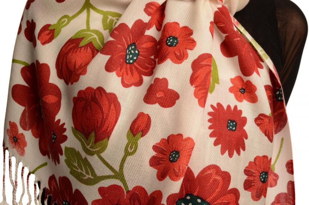 Liss Kiss Burgundy Large Flowers On White Pashmina Feel With Tassels - Scarf