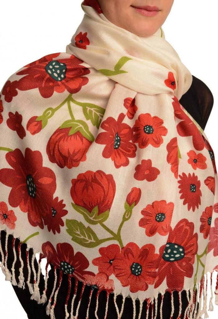 Liss Kiss Burgundy Large Flowers On White Pashmina Feel With Tassels - Scarf