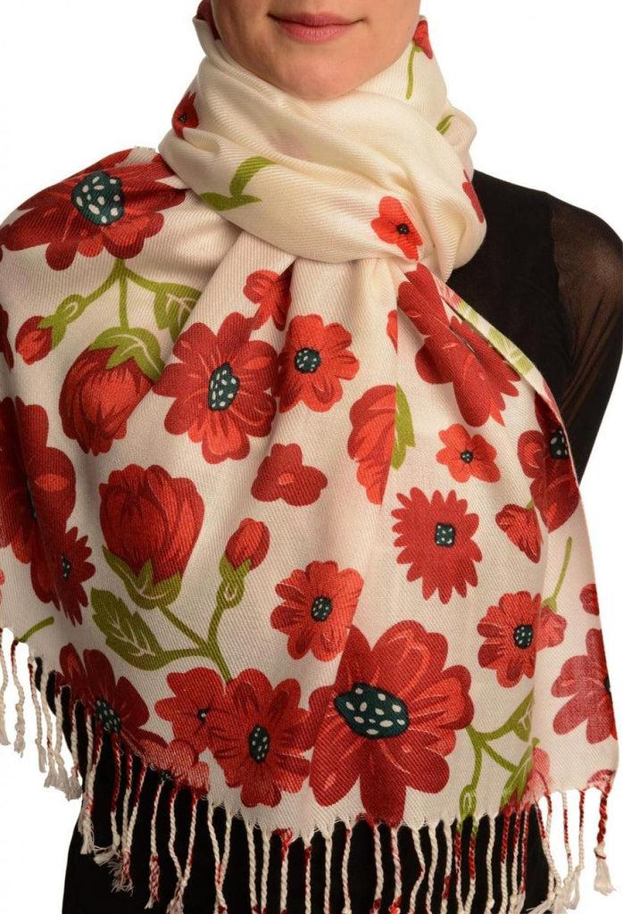liss kiss Burgundy Large Flowers On White Pashmina Feel With Tassels - Scarf