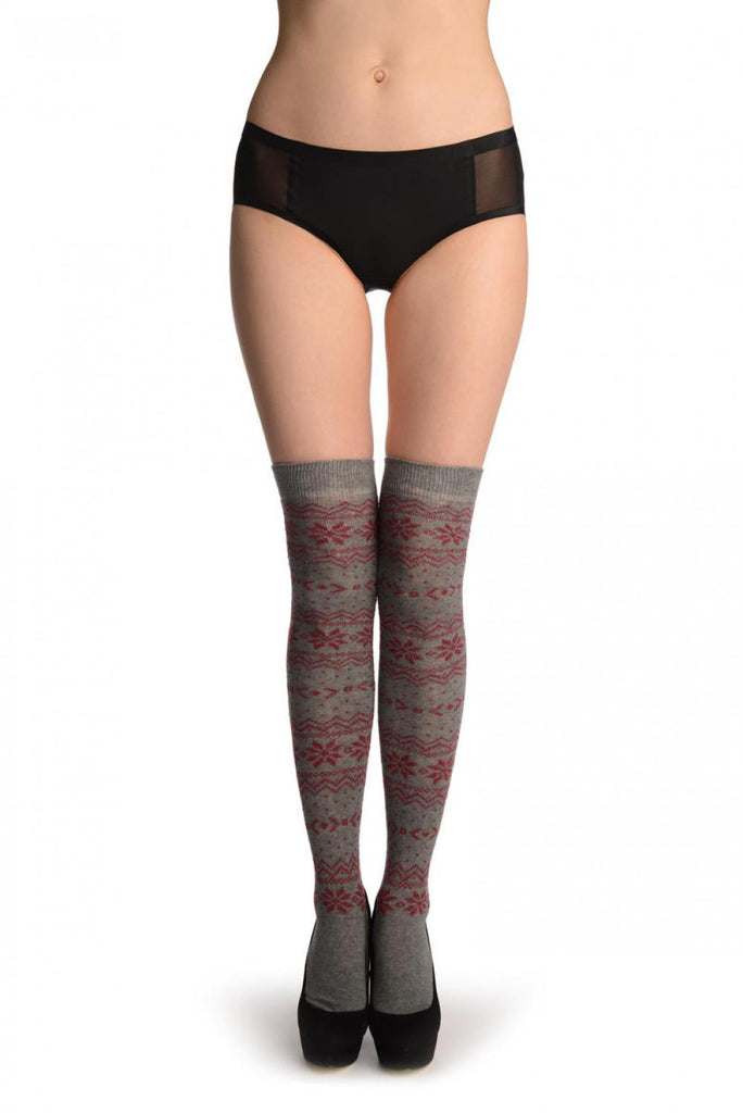 Liss Kiss Burgundy Nordic Stencil On Grey - Over The Knee Socks
