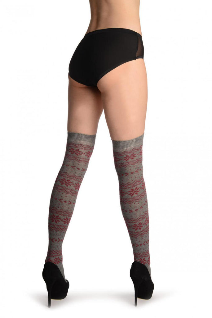Liss Kiss Burgundy Nordic Stencil On Grey - Over The Knee Socks