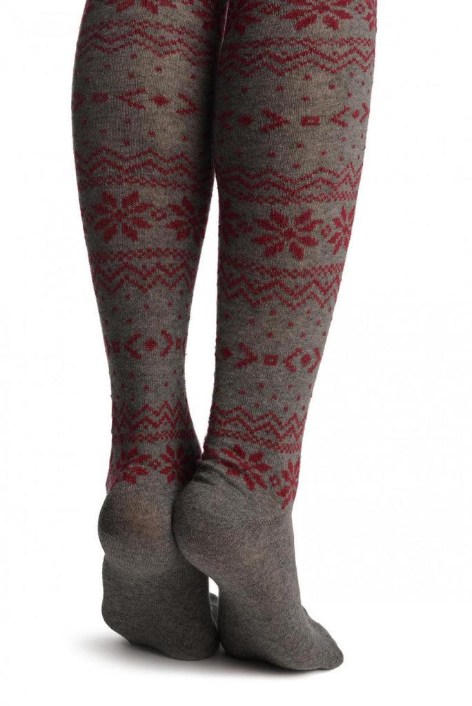 Liss Kiss Burgundy Nordic Stencil On Grey - Over The Knee Socks