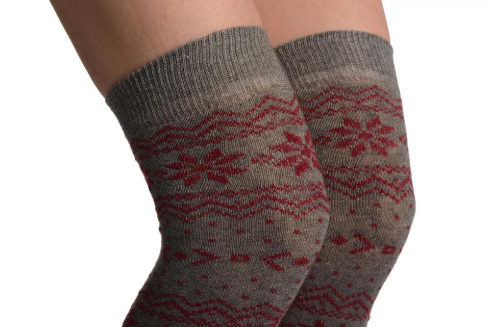 Liss Kiss Burgundy Nordic Stencil On Grey - Over The Knee Socks