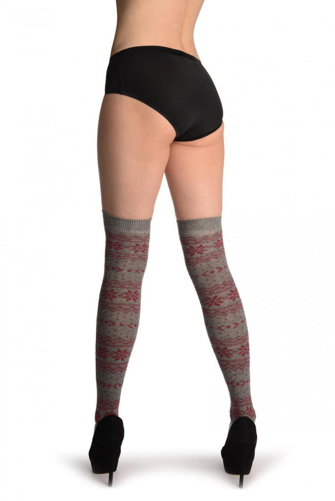Liss Kiss Burgundy Nordic Stencil On Grey - Over The Knee Socks