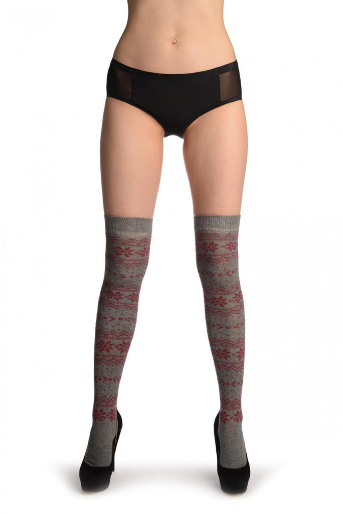 liss kiss Burgundy Nordic Stencil On Grey - Over The Knee Socks