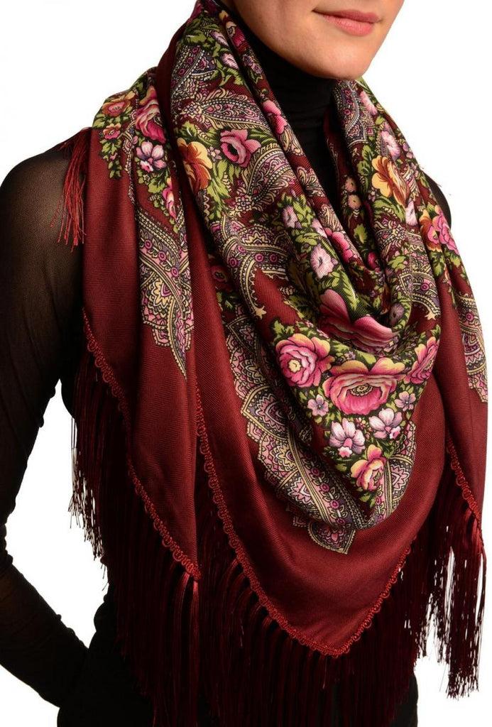 Liss Kiss Burgundy "Plyaski" Slavonic Russian Folk Style Shawl - Scarf