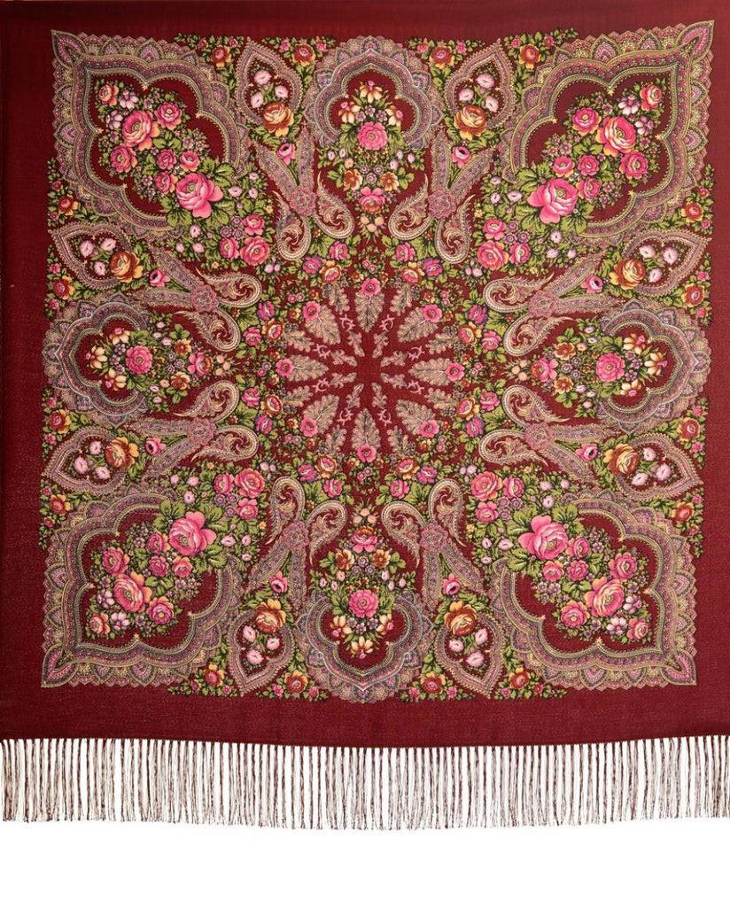 Liss Kiss Burgundy "Plyaski" Slavonic Russian Folk Style Shawl - Scarf