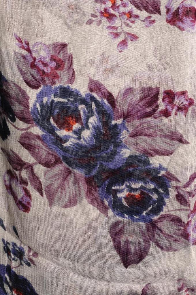 Liss Kiss Burgundy & Purple Roses On White With Tassels - Scarf