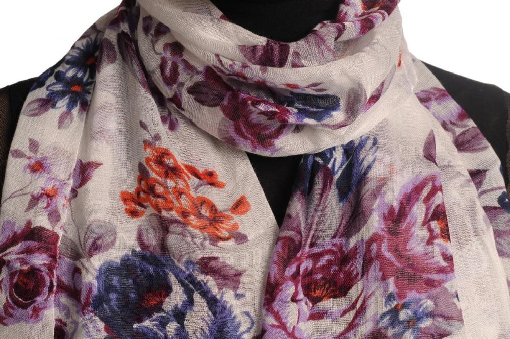 Liss Kiss Burgundy & Purple Roses On White With Tassels - Scarf