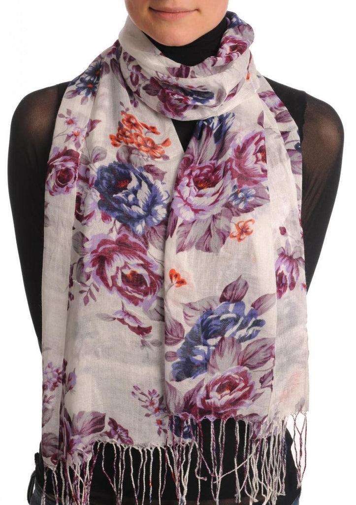 liss kiss Burgundy & Purple Roses On White With Tassels - Scarf