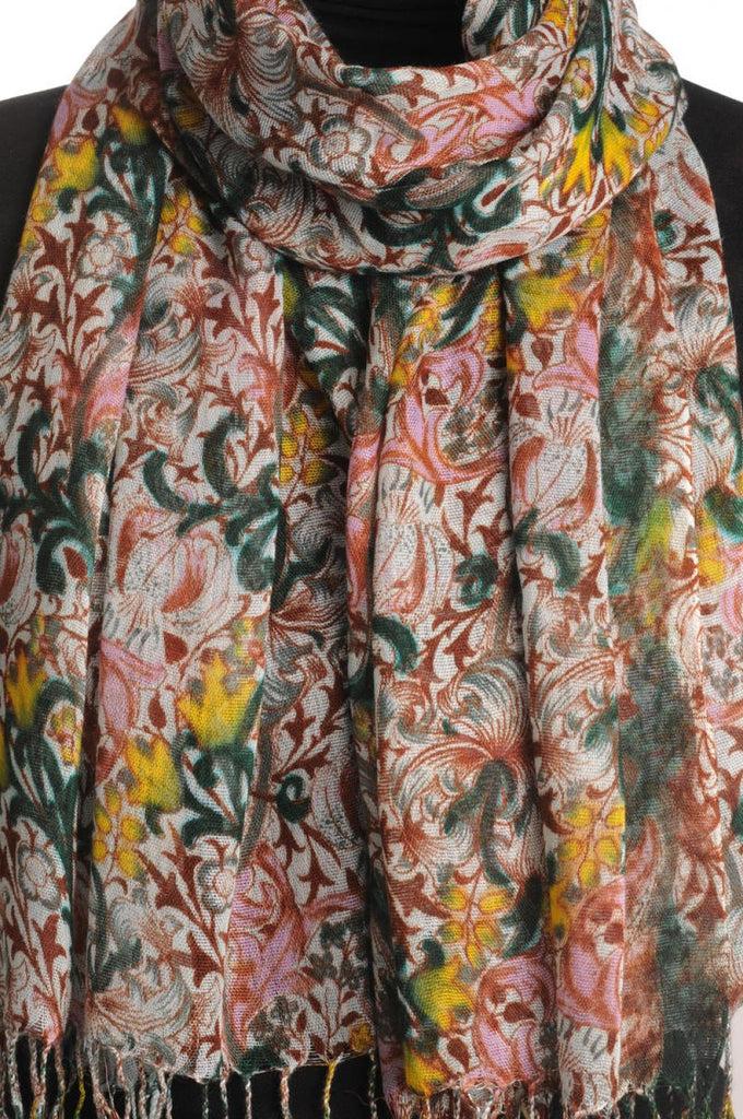 Liss Kiss Burgundy Red & Green Lilly Flowers With Tessels - Scarf