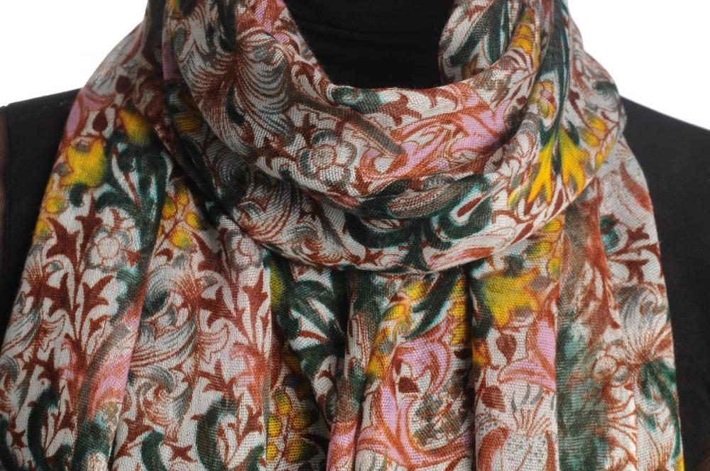 Liss Kiss Burgundy Red & Green Lilly Flowers With Tessels - Scarf