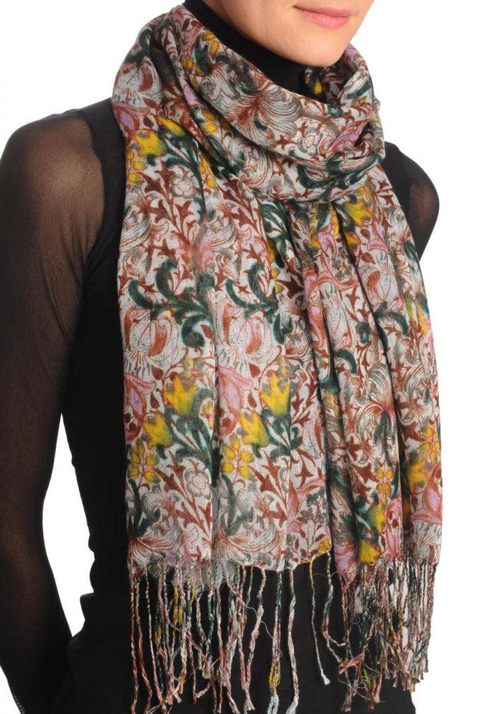 Liss Kiss Burgundy Red & Green Lilly Flowers With Tessels - Scarf