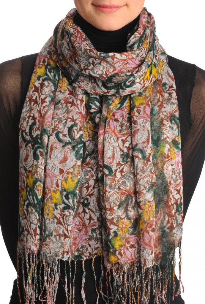 liss kiss Burgundy Red & Green Lilly Flowers With Tessels - Scarf