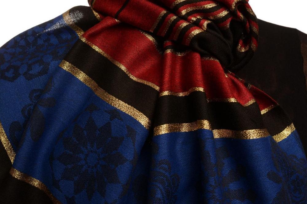 Liss Kiss Burgundy Red Stripes & Gold Lurex Pashmina With Tassels - Scarf