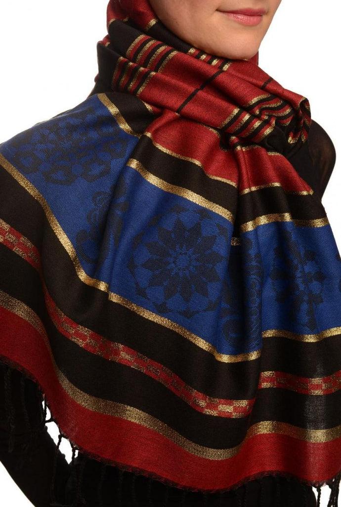 Liss Kiss Burgundy Red Stripes & Gold Lurex Pashmina With Tassels - Scarf