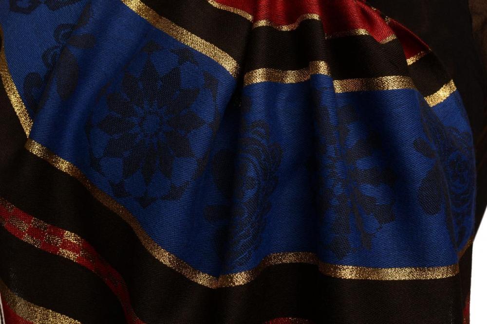 Liss Kiss Burgundy Red Stripes & Gold Lurex Pashmina With Tassels - Scarf