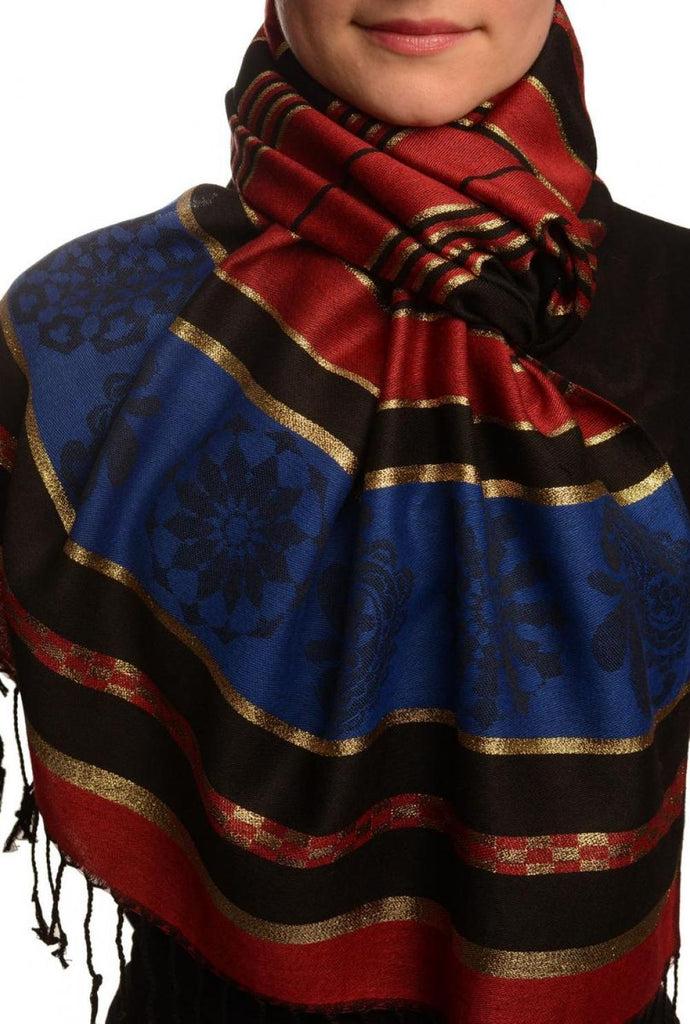 Liss Kiss Burgundy Red Stripes & Gold Lurex Pashmina With Tassels - Scarf