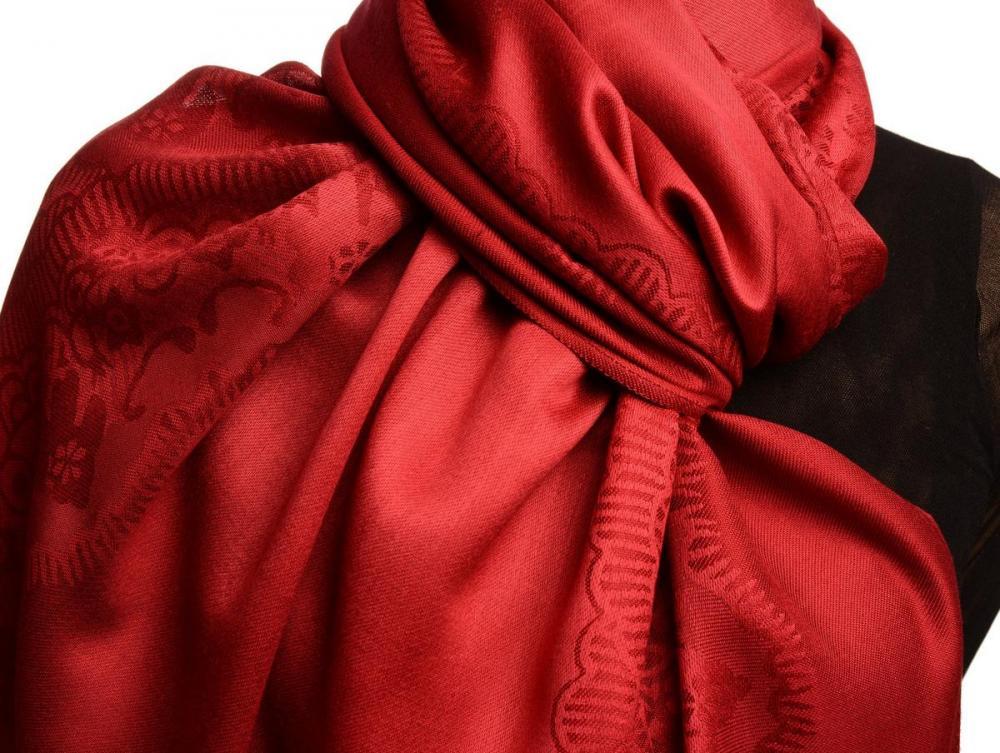 Liss Kiss Burgundy Red Woven Lace On Burgundy Red Pashmina Feel - Scarf