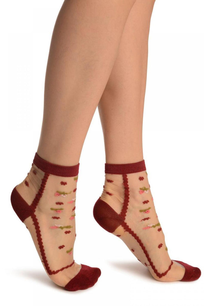 Liss Kiss Burgundy With Little Woven Flowers On Invisible Mesh Ankle High Socks - Socks