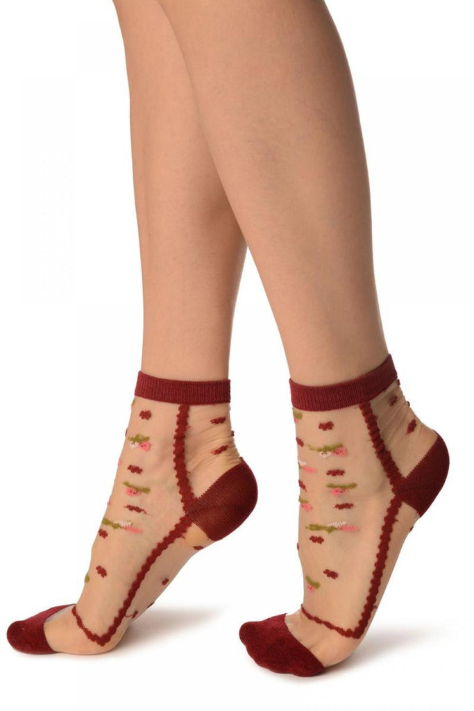 Liss Kiss Burgundy With Little Woven Flowers On Invisible Mesh Ankle High Socks - Socks