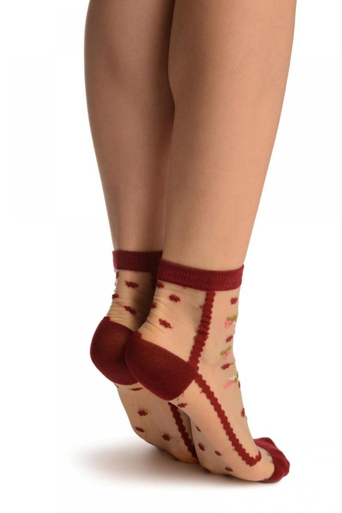 Liss Kiss Burgundy With Little Woven Flowers On Invisible Mesh Ankle High Socks - Socks