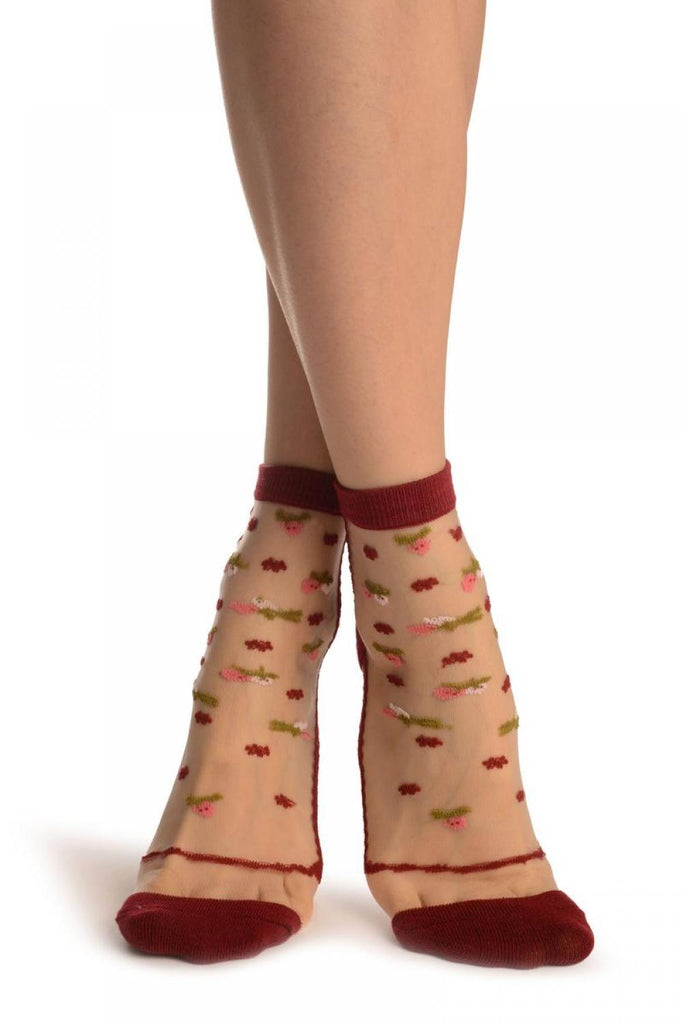 liss kiss Burgundy With Little Woven Flowers On Invisible Mesh Ankle High Socks - Socks