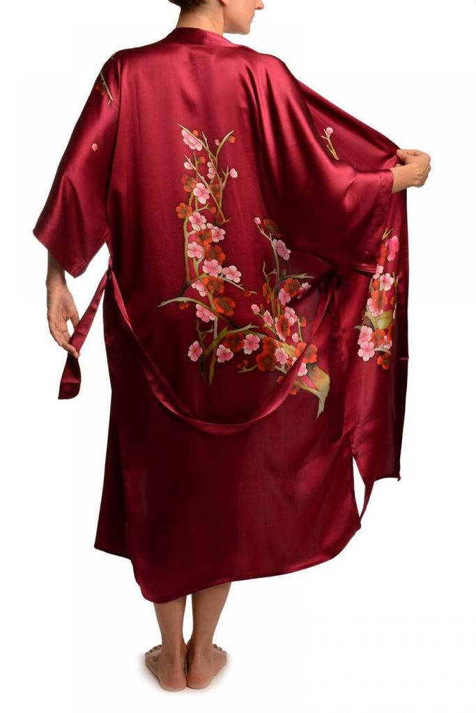 Liss Kiss Burgundy With Sakura Bloom Luxurious Silk Dressing Gown (Robe) - Dressing Gown