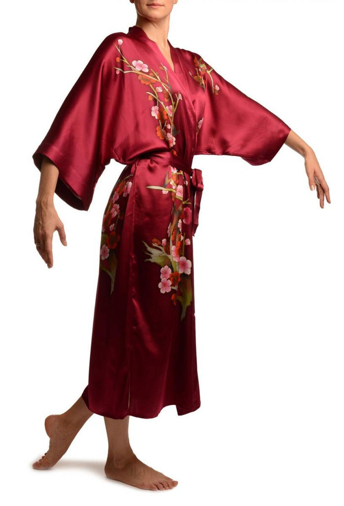 Liss Kiss Burgundy With Sakura Bloom Luxurious Silk Dressing Gown (Robe) - Dressing Gown