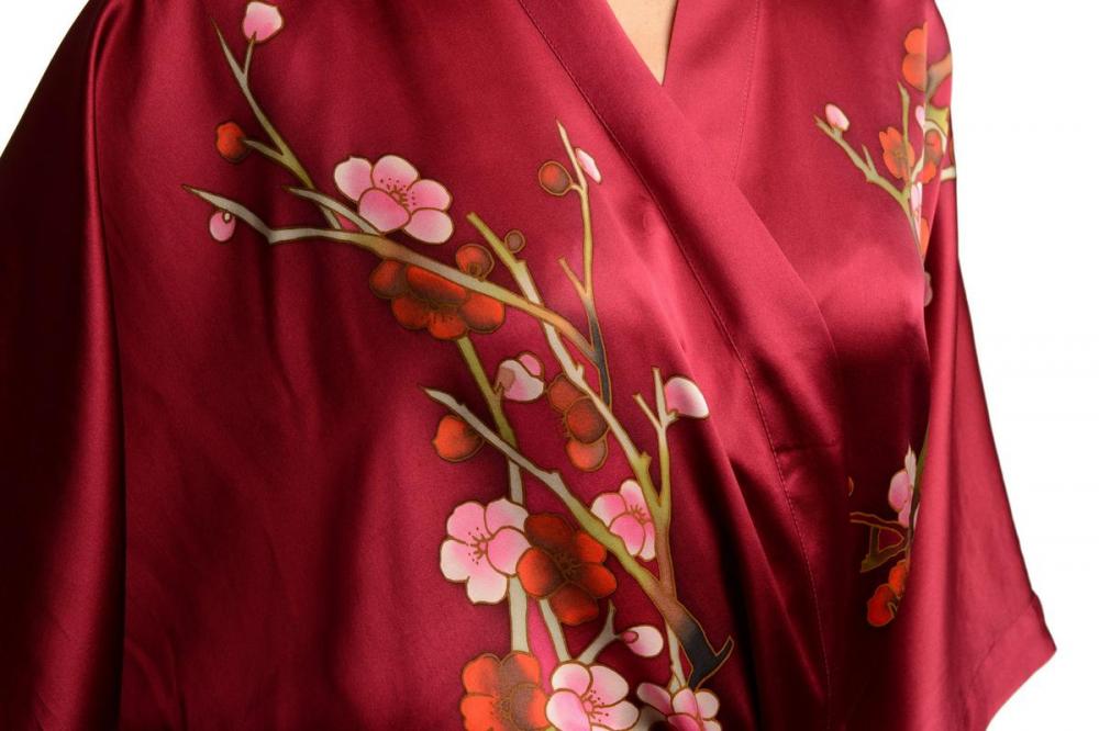 Liss Kiss Burgundy With Sakura Bloom Luxurious Silk Dressing Gown (Robe) - Dressing Gown
