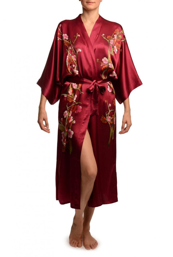liss kiss Burgundy With Sakura Bloom Luxurious Silk Dressing Gown (Robe) - Dressing Gown